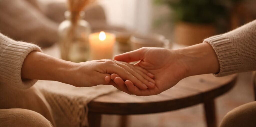 jemand reicht jemandem eine Hand um inneren Frieden zu schaffen