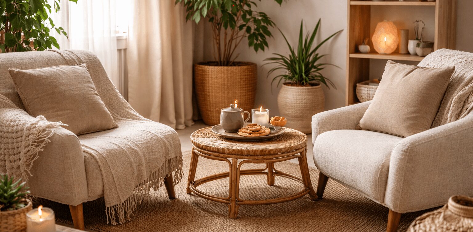 Einladender Raum mit zwei Sesseln, Pflanzen und Kerzenlicht für eine bewusste Gesprächsbegleitung