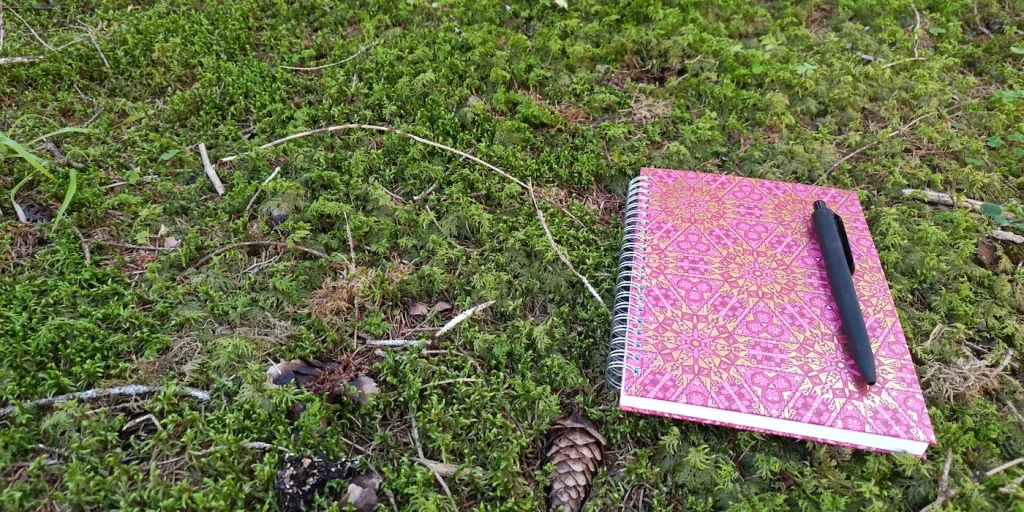 Jahreszeiten-Journal Buch mit Kugelschreiber im Moos, als Zeichen des Jahreszeiten-Journals für Journaling im Rhythmus der Jahreszeiten